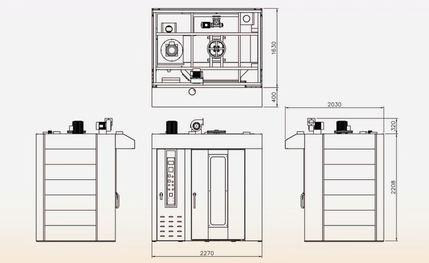CF-103 Rotary Rack Oven appearance and dimensions｜Hong Cheng Food Machinery